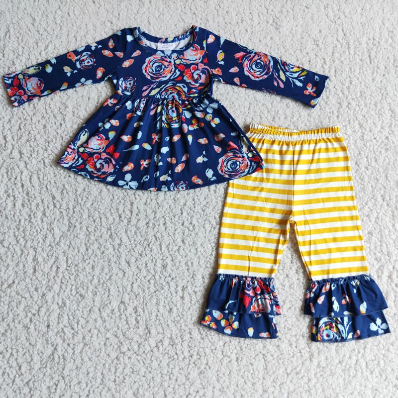 Rts Baby Girls Fall Long Sleeve Navy Floral Lace Ruffle Design Infant Matching Sisters Romper Kids Clothing No Moq