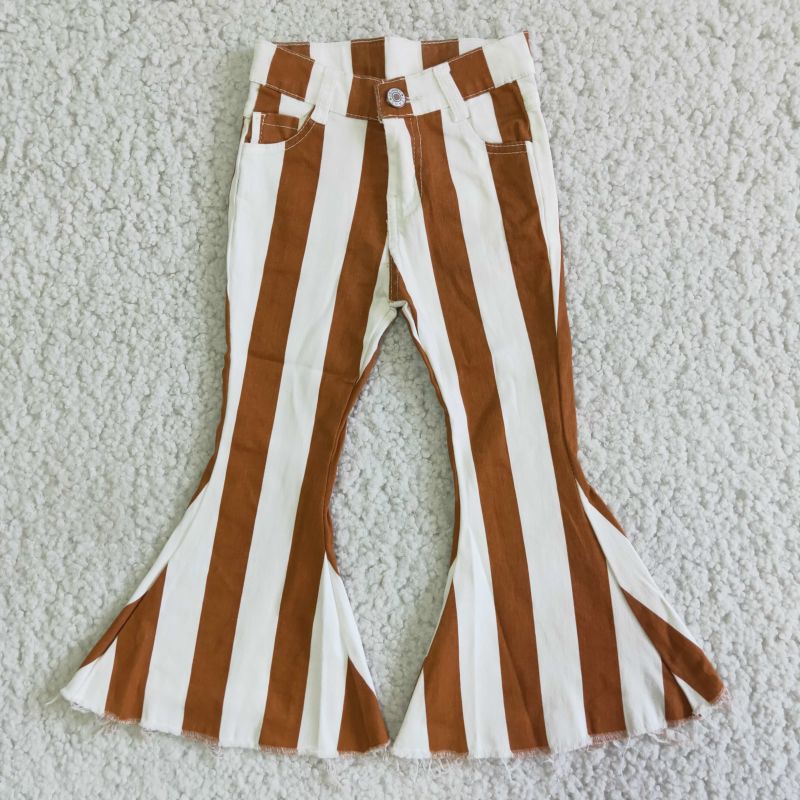 Rts Baby Girls Orange Stripe Denim Stretchy Knit Kids Toddler One Piece Bell Bottom Pants Jeans Trousers