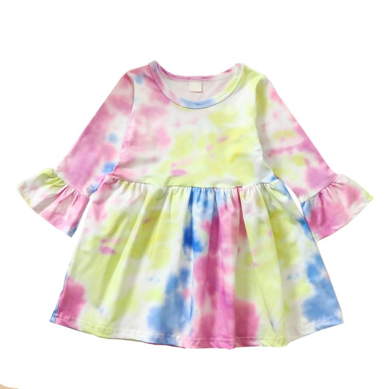 Rts Baby Girls Tie-Dye Spring Dress Little Girls Bell Sleeve A-Line Dresses Kids Clothing