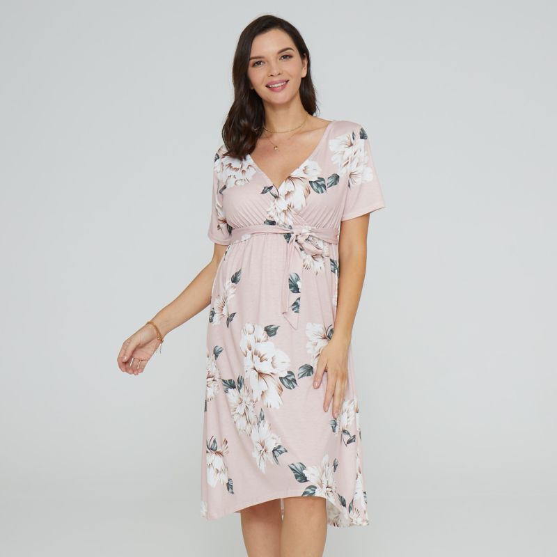S--2Xl Sweat Maternity Evening Dresses Floral Printed Nightgown Lounge Wear Pregnancy Gown for Baby Breastfeeding