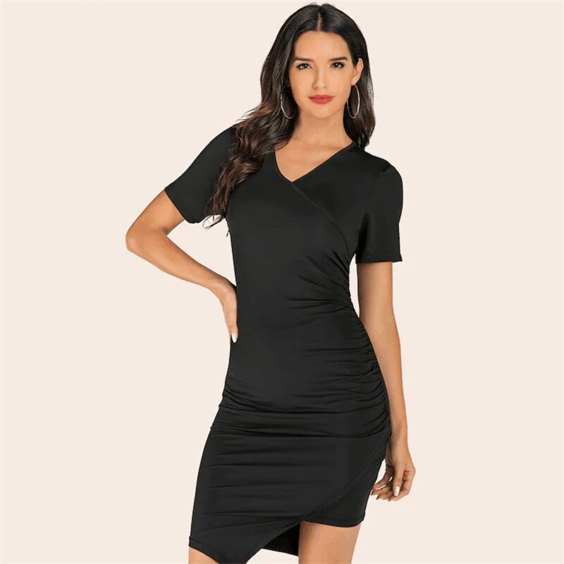 Short Sleeve Women Lady Solid V Neck Casual Asymmetric Midi Dress Sweater Dress