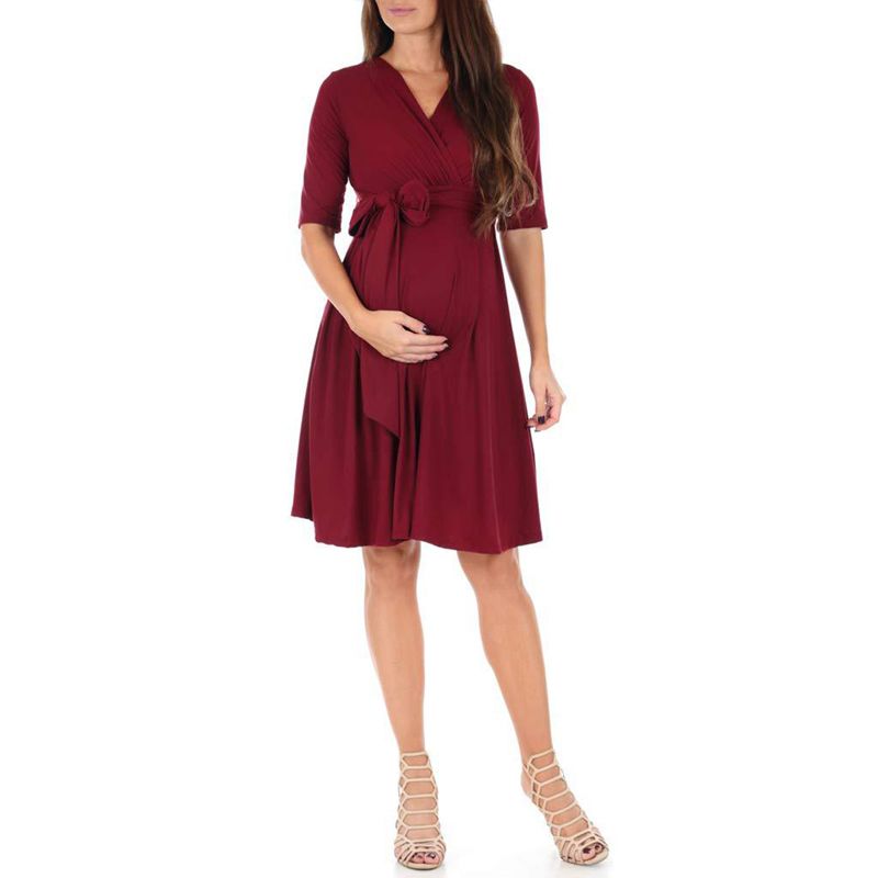 V-Neck Maternity Wrap Self-Tie Waist Dress Breastfeeding Clothing Pregnant Casual Dress