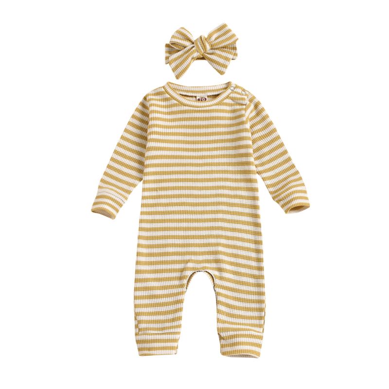 Waffle Stripe Long Sleeve Jumpsuits Infant Baby Unisex Boys Girls Rompers Headbands Set
