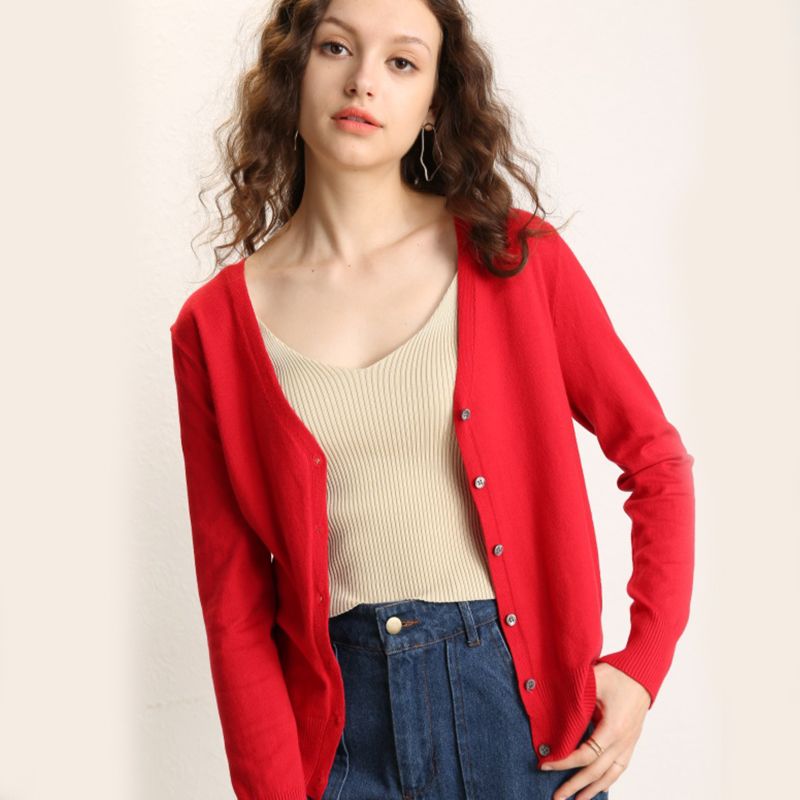 Women Autumn/ Knit Cardigan with Button Solid Color V-Neck Slim Ladies Wool Designer Outer Sweater