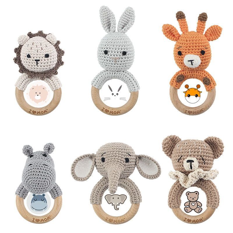 Wooden Ring Crochet Bunny Bear Fox Elephant Deer Giraffe Animal Crochet Rattle Teething Toy