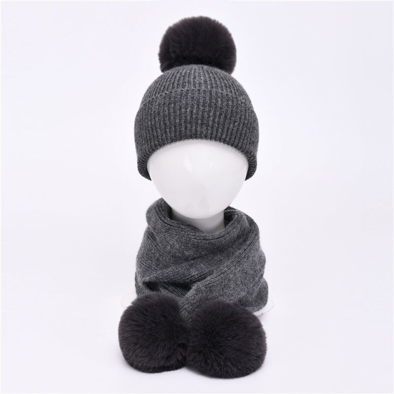 Baby Hat Sets Children Real Big Fur Pom Pom Beanie Wool Cashmere Knitted Kids Hat and Scarf Set