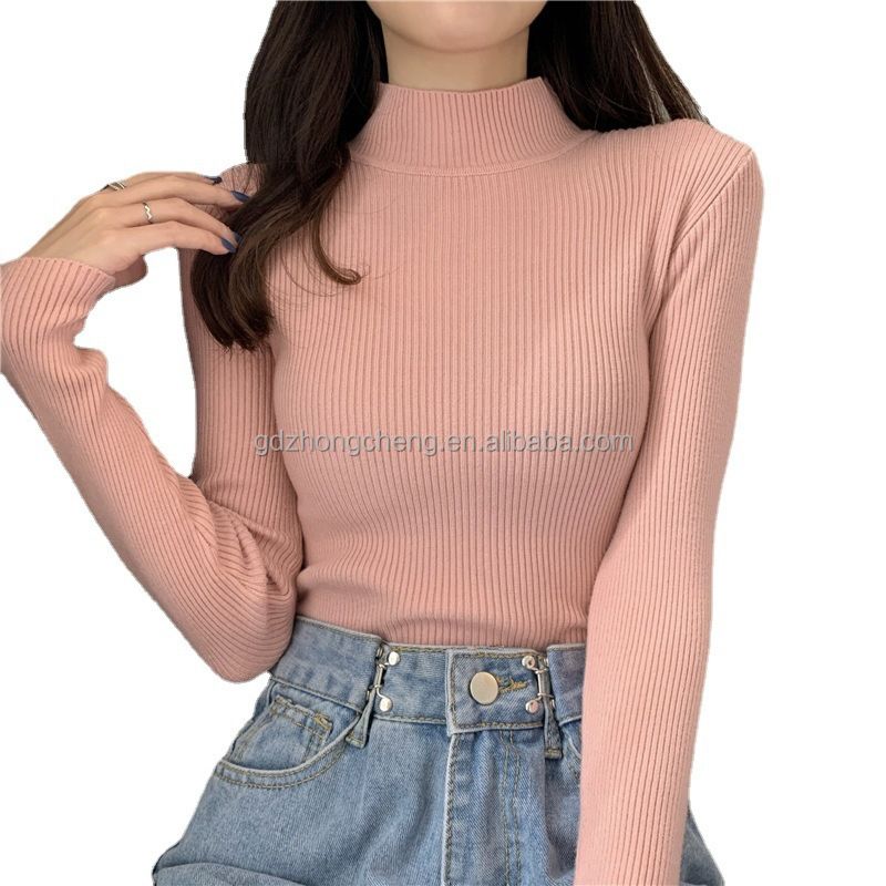 Sweater Women Autumn Pullover Sweaters Soft Stretch Ribbed Knitted Sweater Mock Neck Basic Casual Knit Tops