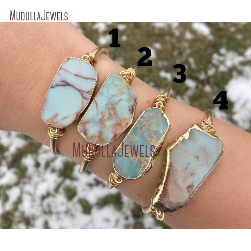 Bm11248 Women Pale Blue Ocean Jasper Cuff Charm Bangle Sea Foam Green Ocean Jasper Stone Bracelet
