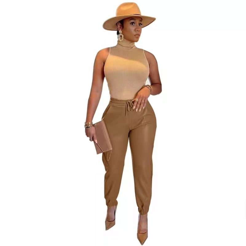 J&H Khaki Trousers Women High Waist Pu Leather Pants Chic Drawstring Joggers Slim Fit