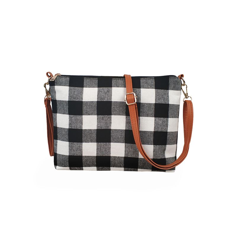 Leather Strap Monogrammed White Black Buffalo Plaid Crossbody Bag