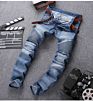 High Street Motorcycle Biker Men's Jeans with Wrinkle and Elastic Jeans with Zipper Pocket