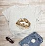 Short Sleeves Lips Leopard Print T Shirts for Women