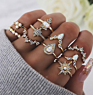 Boho Vintage Gold Star Knuckle Rings for Women Boho Crystal Star Crescent Geometric Female Finger Rings Set Jewelry