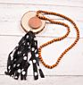 Handmade Wooden Disc Bead Beaded Pendant Women's Necklace Pearl Crystal Leopard Fabric Tassel Long Wool Chain
