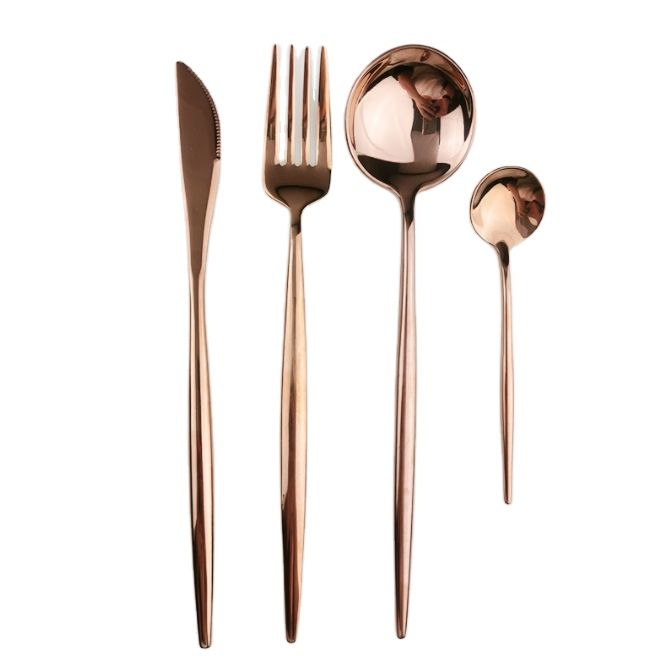 Rose Gold Dinnerware Set 304 Stainless Steel Mirror Cutlery Set Knives Forks Spoons Silverware Kitchen Home Party Tableware //