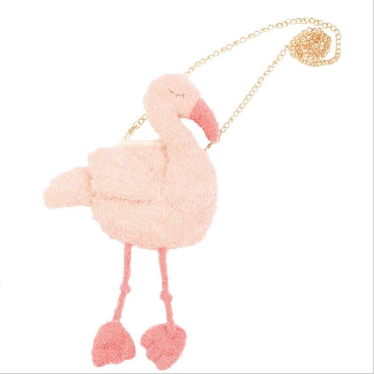 Pink Color Soft Plush Flamingo Girls Crossbody Bag Makeup Bag