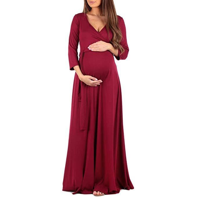 European Solid Color Dress Cross Deep V-Neck Drawstring Waist Three Quarter Sleeve Maternity Long Skirt