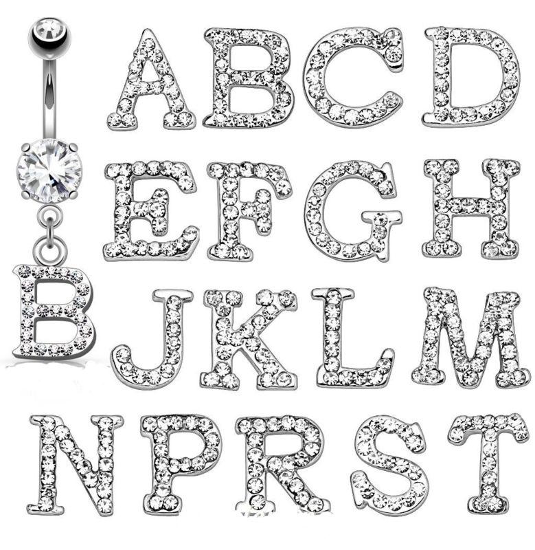 Initial Pave Clear Gem Dangling Alphabet Letter Surgical Steel 14G Navel Belly Button Ringsbody Piercing Jewelry