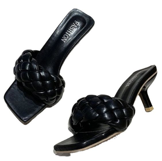 Women's Weave Pumps External Wear High Heels Ladies Solid Color Open Toe Square Women's Head Slippers