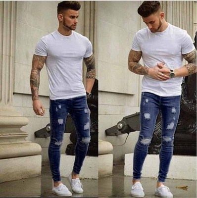 High-End Ripped Jeans Por Mayor Men's Motorcycle Hip-Hop Slim Straight Mens Jeans Scratch Pants Men's Blue Jeans