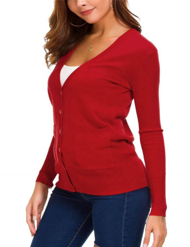 Autumn Knit Red Ladies Cardigan Sweater with Pocket