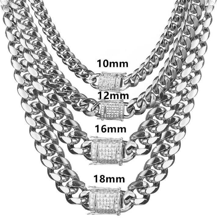 No Fade 8-18Mm Stainless Steel Silver Plated Mens Design Accessory Cuban Chain Jewelry Lock Clasp Full Zircon Necklace Set