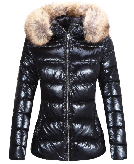 Women's Ultra Lightweight Puffer Coat, Shiny Jacket with Detachable Fur Collar Warmth Outerwear