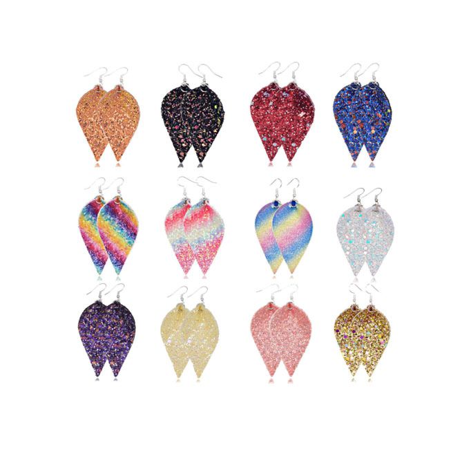 21524 Double Sequins Earrings Colorful Leather Jewelry Drop Leaf Pendant Studs Earrings for Women