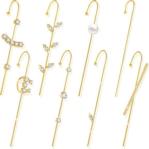Rhinestone Earring Simple Pearl Crystal Gold Hypoallergenic Piercing Cuff Wrap Ear Wrap Crawler Hook Earrings