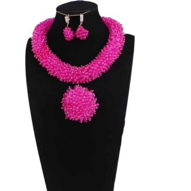 African and Dubai Jewelry Set Small Beaded Nigerian Jewellery Set Pink Wedding Party Necklace Set