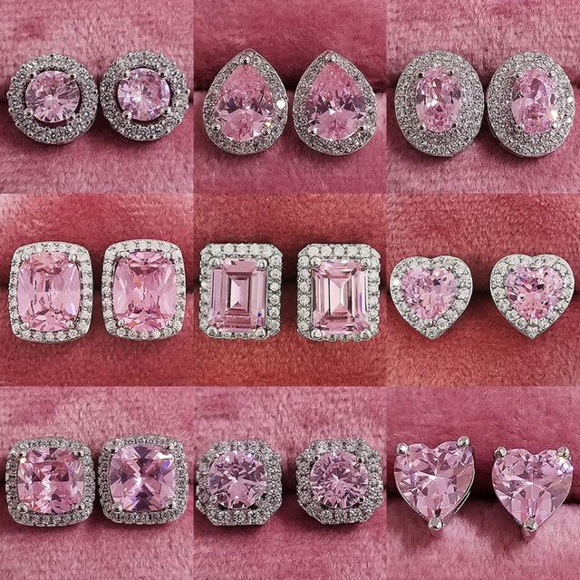 Brass Square round Geometric Bride Earrings Wedding Pink Diamond Cz Zircon Heart Stud Earrings for Women
