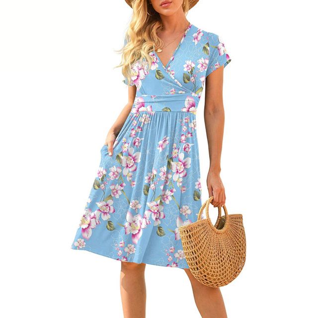 Office Lady Women Femal Ladies Short Sleeve Deep V Shirt Dress Midi Beach Dress Elegant Party Dress Vestidos