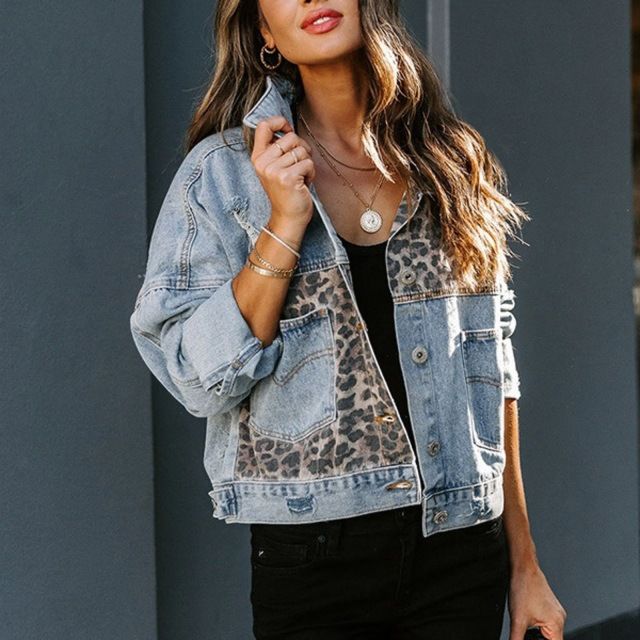 Pdep Designer Autumn Leopard Print Patchwork Women Casual Denim Jacket Ladies plus Size Short Thin Coat