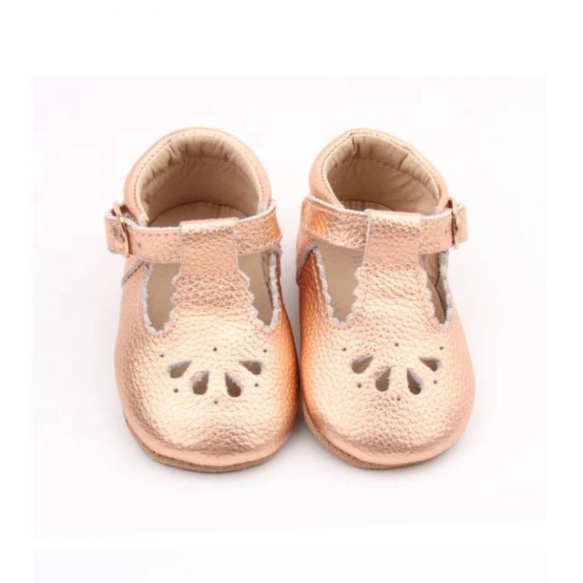 Vintage Style Leather Tbar Soft Sole Baby Shoes Girls Rose Gold Baby Dress Shoes with Scalloped Edge