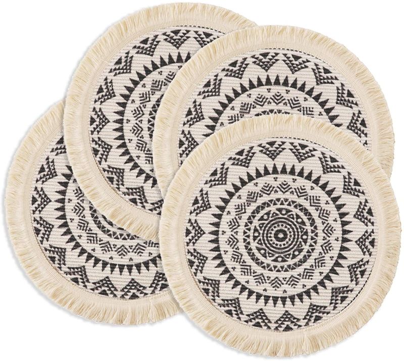 Round Placemats Boho Tassels Table Mats 13 Inch Black and Cream Cotton Woven Heat Proof Washable Circle Kitchen Placemats for T