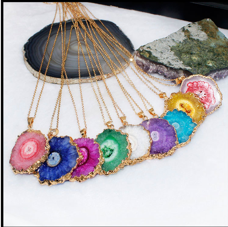 Women's Natural Raw Sliced Druzy Stone Agate Crystal Pendant Necklace Sunflower Necklace