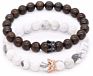 Seller Women Jewelry Couple Black Matte Agate White Howlite Cz Crystal Crown Queen 8Mm Beads Elastic Bracelet