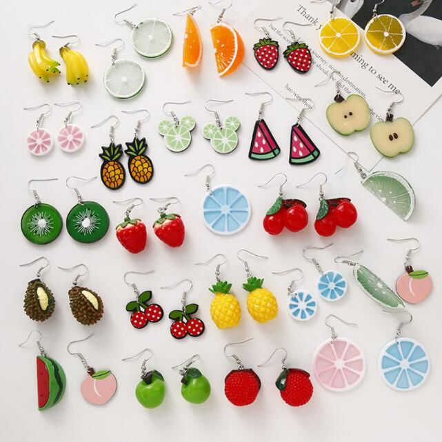 Creative Cute Simulation Fruits Dangle Drop Earrings Sets Statement Handmade Lemon Strawberry Hoop Earrings for Women Girls Jewe