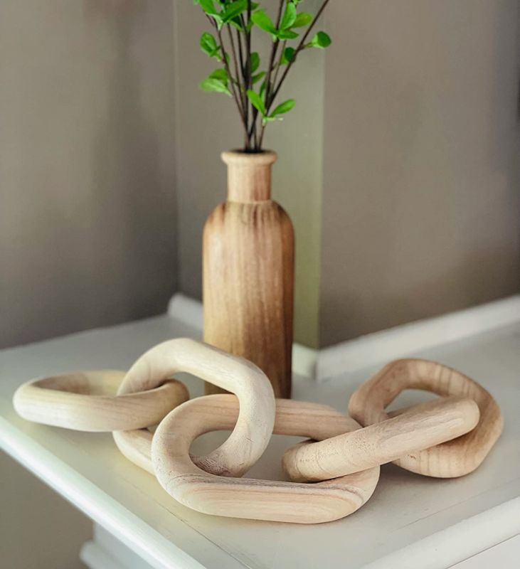 White Oak Village Wood Chain Link Decor - Hand Carved Decorative Wood Chain with Beaded Garland Set, Farmhouse Decor, Sustainabl