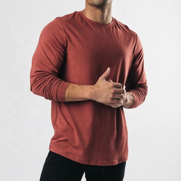 100%Cotton Men's Relaxed Premium Long Sleeve Scoop Hemline Shirts Printed Logo