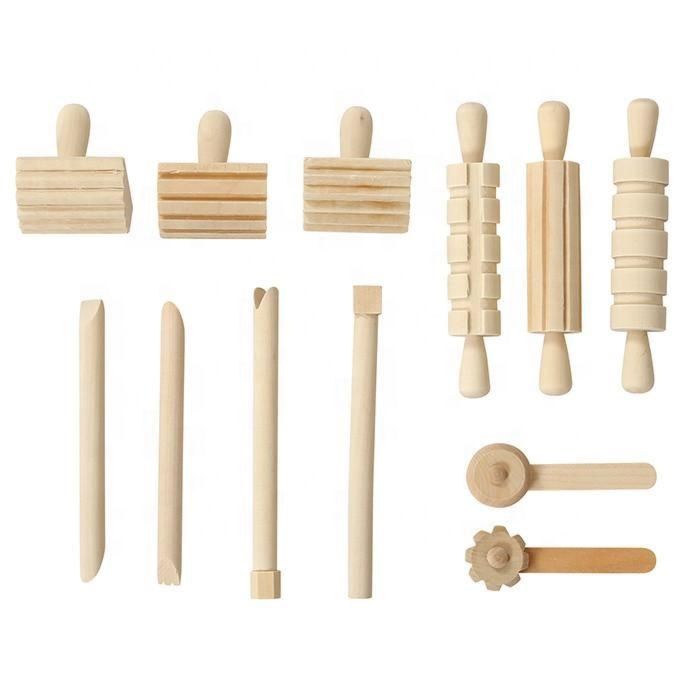12Pcs Wooden Dough Tools Clay Pattern Rolling Pin Set Dough Molding Shaping Tool for Toddler Kids Art Craft Activity Supplies