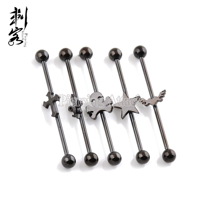 14 Gauge Black Titanium Anodized 3D Logo Industrial Barbell Body Jewelry