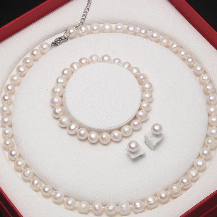 Jay French Luxury Simple Style Clearly White 8-9 Mm Freshwater Pearl Necklace Bracelet Earring Jewelry Set for Gift