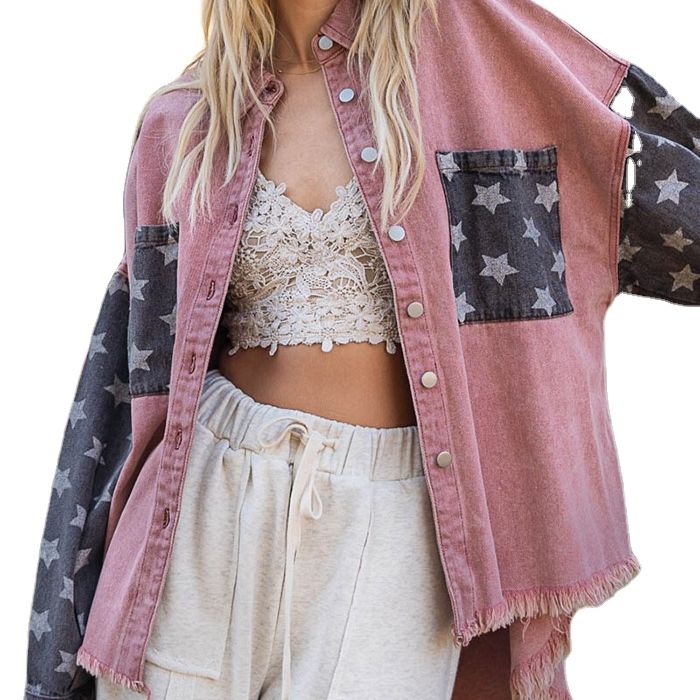 Retro Loose Causal Contrast Stitching Coat Women Star Print Splicing Burrs Jacket