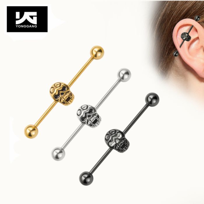 Stainless Steel Skull Ear Cartilage Piercing Jewelry Barbell Long Industrial Barbell Piercing Earrings for Man Woman
