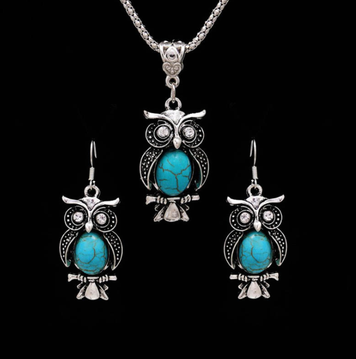 Owl Necklace Quick Jewelry Set Turquoise Sweater Earrings