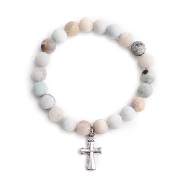 6/8/10Mm Raw Amazonite round Abacus Beads Stone Bracelet Gold Leaf Silver Cross Bracelet