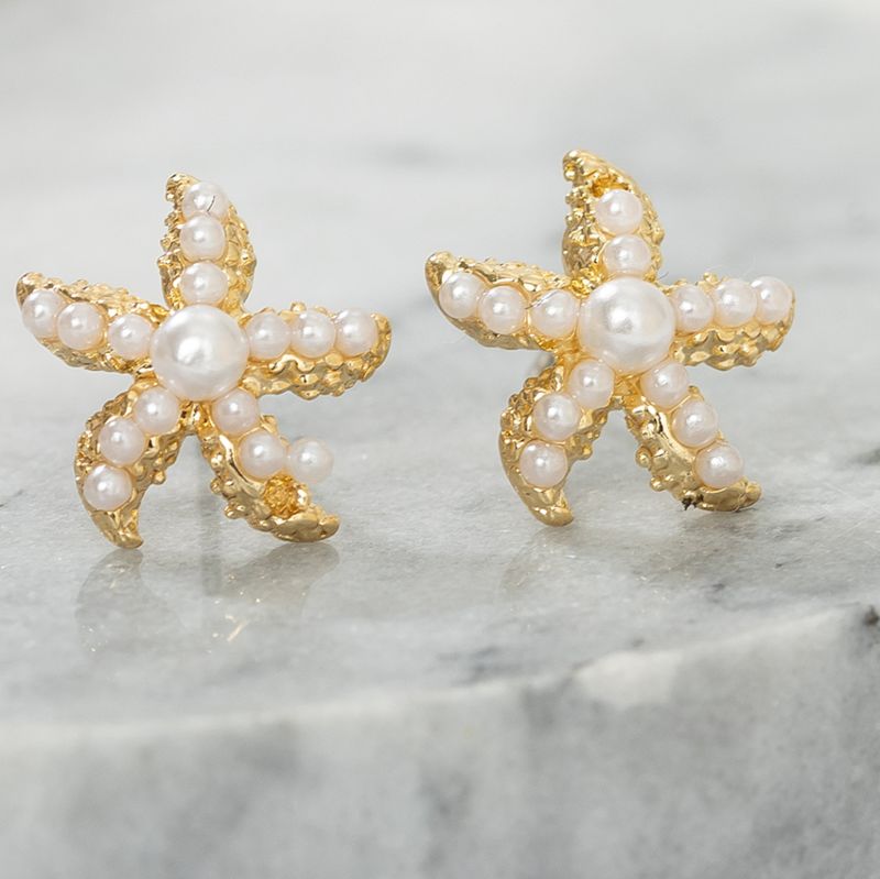 Gold Plated Cute Starfish Imitation Pearl Stud Earrings