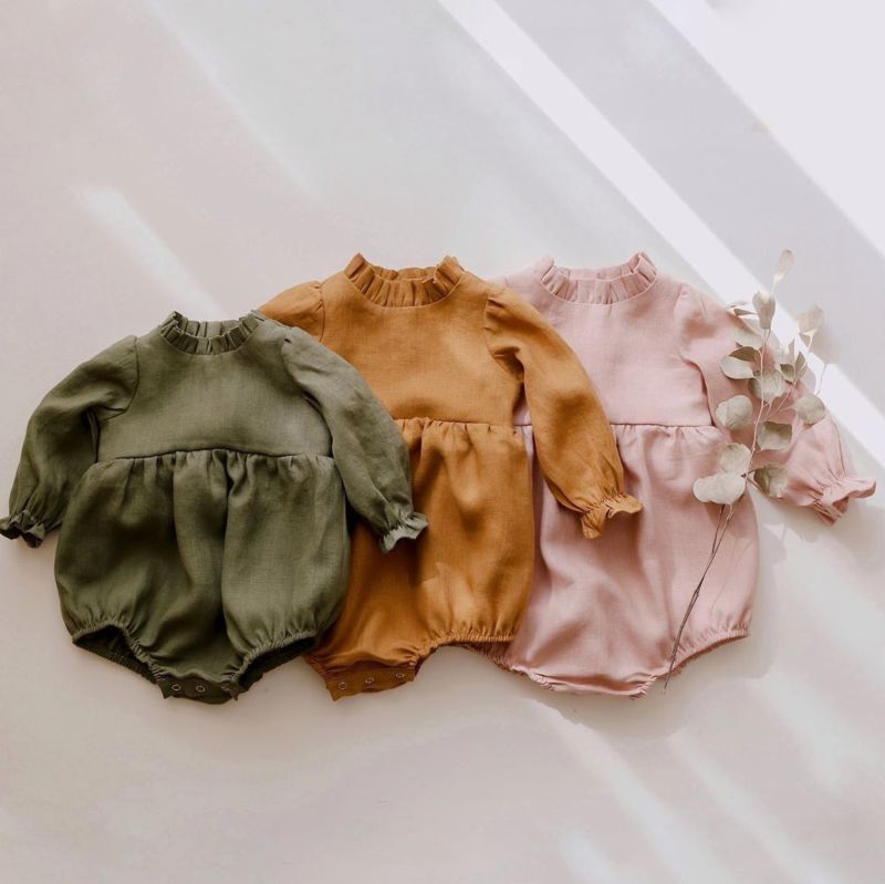Infant Wear Lace Playsuit Baby Girls Linen Ruffle Romper Long Sleeve for Autumn