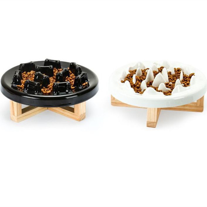 Design Ceramic Pet Slow Feeding Bowl Luxury Rounded Dog Bowl with Wooden Stand for Cat Dog